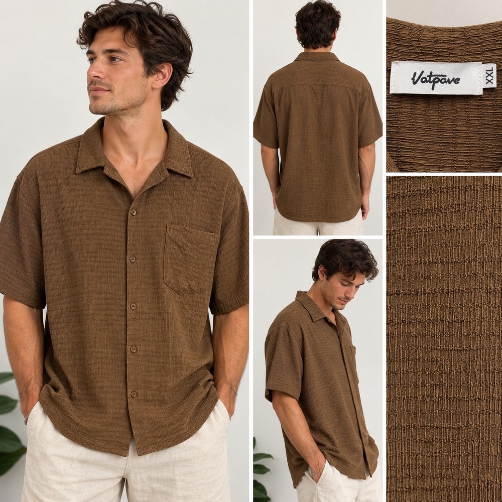 Vatpave Mens Brown Textured Short Sleeve Button Down Shirt XXL Casual Vacation